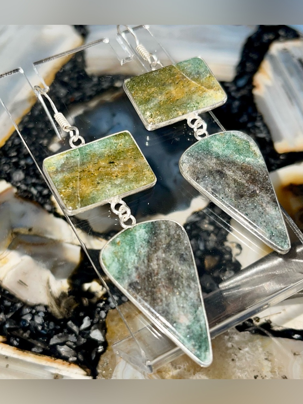 Mocha Stone Green Moss Agate Earrings 3”